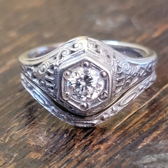 1/3 Carat Diamond, 14K White Gold Engagement Ring Set, Size 5, Vintage-Inspired - Picture 1 of 5